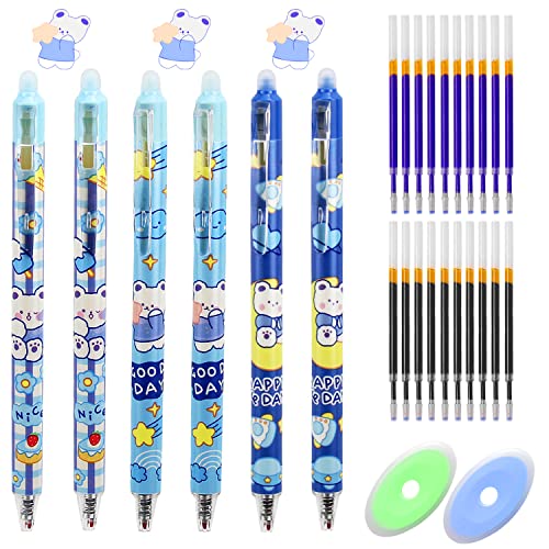 MAX COOK 28 Pcs Cartoon Stylo Effacables Kawaii Stylos à Encre Gel Effaçables 0.5mm avec Recharges Gomme Stylo à Friction Rollerball pour les enfants étudiants Adultes(Noire,Bleue) Cover