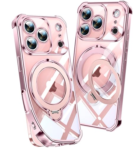 Image of Soft Case for iPhone 17 Pro with 360 Rotating Magnetic Stand, Compatible with Mag-Safe, 4X MIL-Drop Protection, Lightweight Glossy Anti-Yellowing Clear Back Phone Cover for iPhone 17 Pro 6.3 inch, Pink