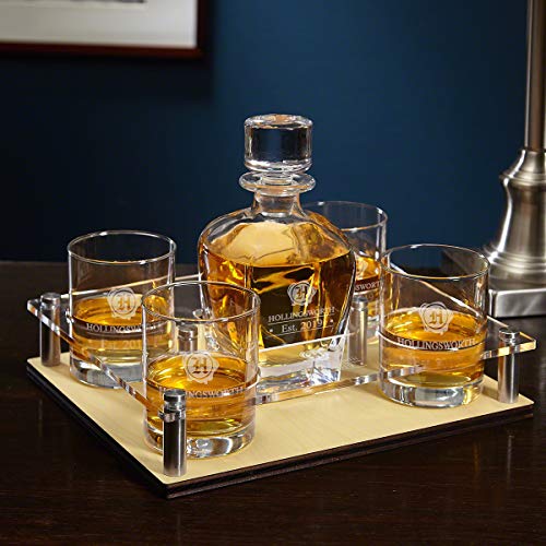 Bar Serving Tray with Custom Whiskey Decanter and Glasses 6 pc