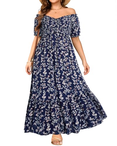 Image of Plus Size Sun Dresses Women - Summer Off the Shoulder Puff Sleeve A Line Boho Maxi Flow Long Dress 2025