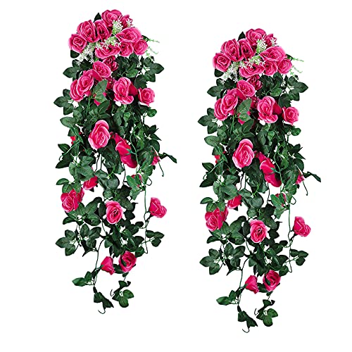 Recutms 2Pcs Artificial Hanging Flowers 3.3Ft Artificial Rose Vine Hanging Plants Artificial Flower For Home Room Garden Wedding Indoor Outdoor Decoration (Rose Red) #TOP28