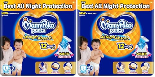 Image of Mamypoko pants All Night Absorb| Pant Style Baby Diapers Large Size(L), 88 Count, Ideal for 9-14Kgs|+50% wider and repeated absorption for all night 12hr protection from leakage, prevents heaviness.