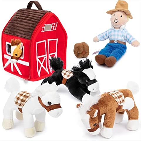 Prextex Plush Farm House with Soft and Cuddly 5 inch/15 cm Plush Horses, Farm Boy, and Farm House Barn Carry Along Case, Plush Farm Animals for Toddlers, Animal Farm Set Cover