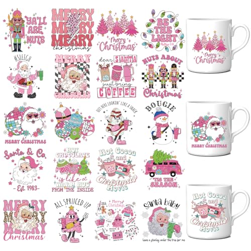 UV DTF Mug Wraps - 20 Sheets Pink Christmas Uvdtf Tumbler Wrap for 16 oz Glass Water Bottle Christmas Tree Cakes Coffee Santa Nutcracker Rub On Transfer Decals for DIY Crafts Laptop