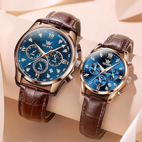 Image of OLEVS Couple Watch Quartz Night Light Calendar Date Window 3ATM Waterproof Casual Leather Strap for Men and Women Couple Watch Wedding Romantic Gift