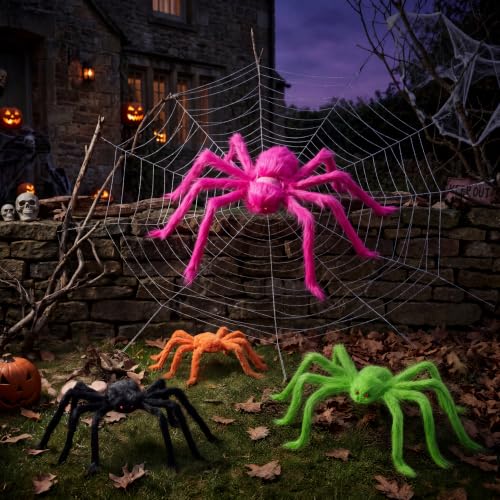 Image of JOYIN 6 Packs Halloween Outdoor Decorations Colorful Giant Spiders Set, Halloween Decor Outside, Multicolor Hairy Large Spider with Different Size for Lawn, Yard Decor (30 inch, 30 inch, 20 inch, 20 inch, 12 inch, 12 inch)