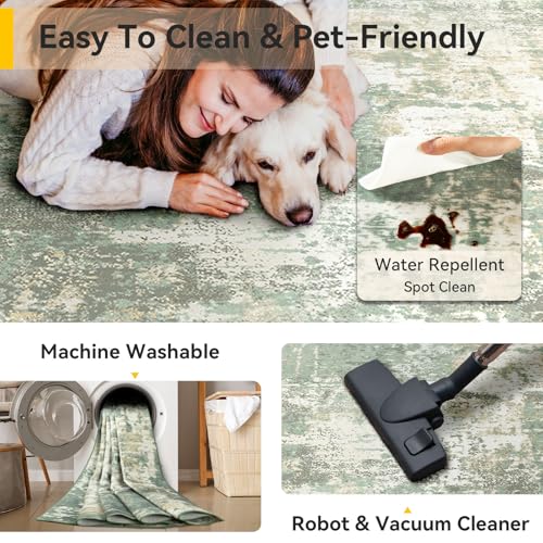 RELEANY Washable Area Rugs 9'x12' Non-Slip Modern Abstract Soft for Living Room Entryway Bedroom Nursery, Print Pattern, Light Green/Yellow