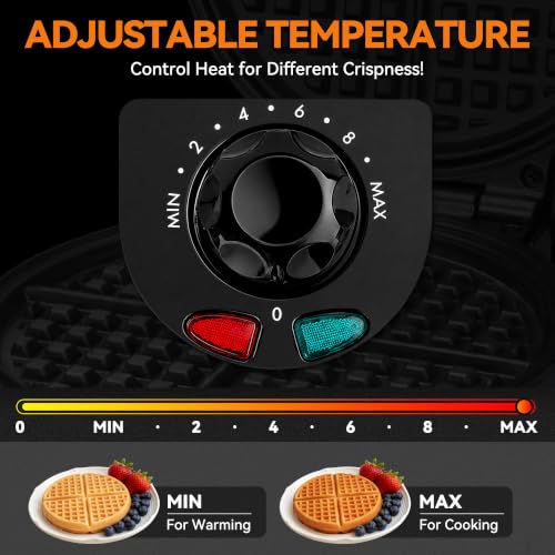 Image of Baker's Friend 7-Inch Classic Waffle Maker, Ceramic, Browning Control, 900W | A thin waffle iron with fine-grid plates for one 7-inch waffle, indicator lights, upright storage, and cleaning brush.