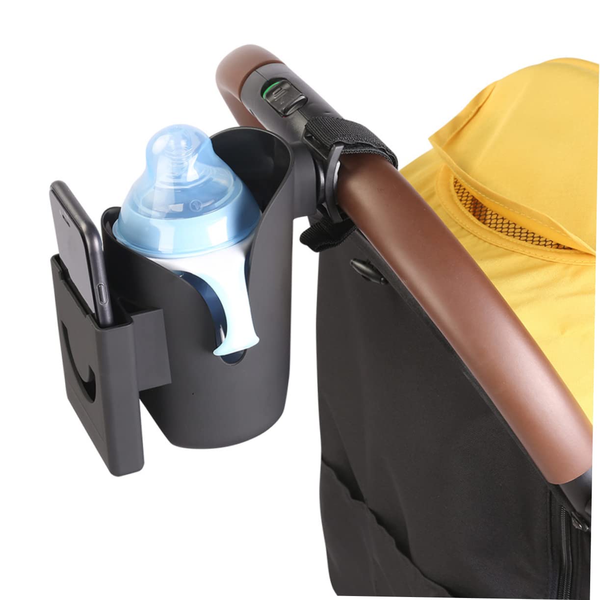 ERINGOGO Portabottiglie Per Carrello 2 in 1 Portacellulare, Struttura Robusta in Materiale Resistente, Supporto Bottiglia e Telefono Per Passeggini Nero