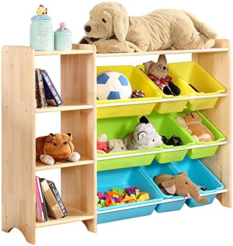 MallBest 4-Tier Kids' Toy Storage Organizer Shelf - 100% Solid Wood,Children's Storage Cabinet with 9 Plastic Bins and 3 Storage Ports (Varnish)