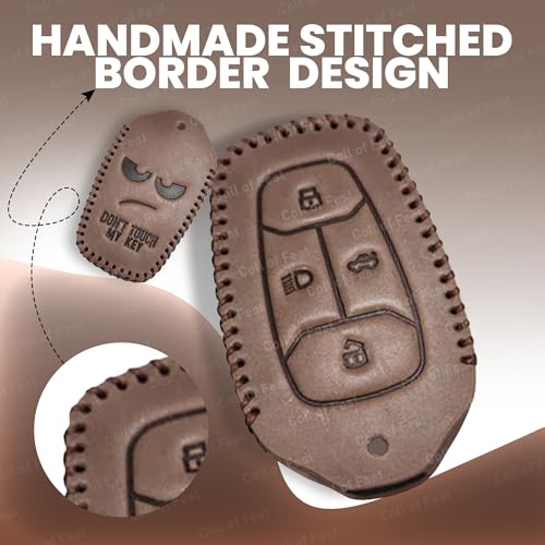 Image of Soft Handmade Leather Key Cover Compatible with Tata Nexon, Harrier | Safari | Altroz | Tigor | Ev | Punch | Tiago Ev Electric 4 Button Smart Key Protection with Keychain (Brown)