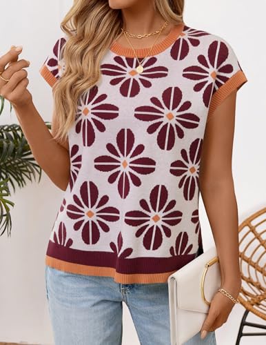 Image of ZESICA Women's Summer Trendy Knit Top 2026 Floral Print Short Sleeve Crewneck Loose Fit Sweater Vest Going Out Clothes