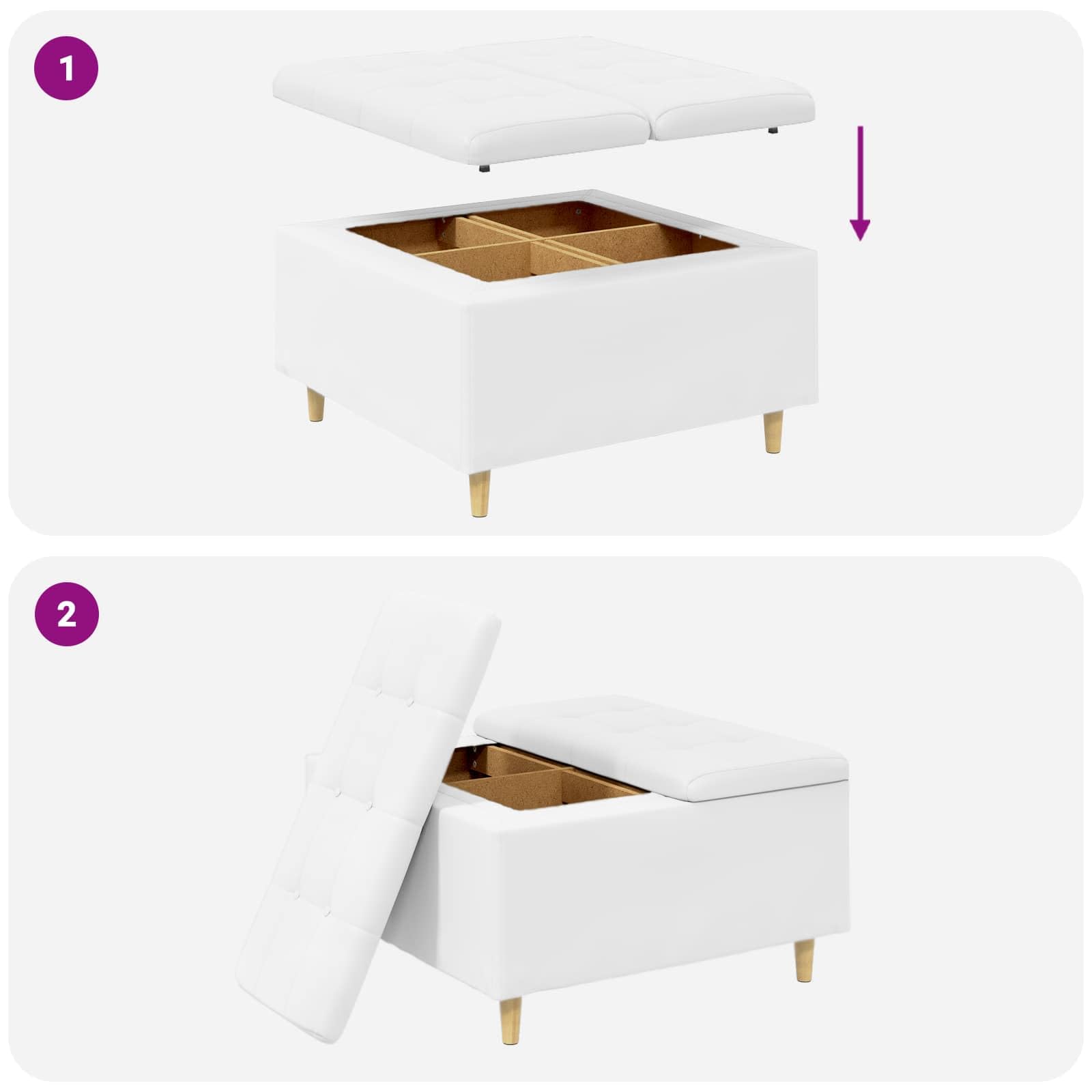 Sottomano bianco in ecopelle, 80 x 80 x 45 cm, con superficie imbottita e spazio nascosto, gambe in legno, versatile, per soggiorno, camera da letto, corridoio