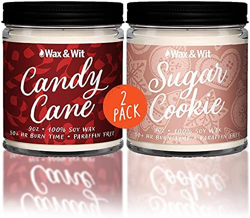 Wax & Wit Christmas Decor - Candy Cane Candle - Sugar Cookie Candle - Candle Gift Set - Christmas Candles 9oz (2 Pack)