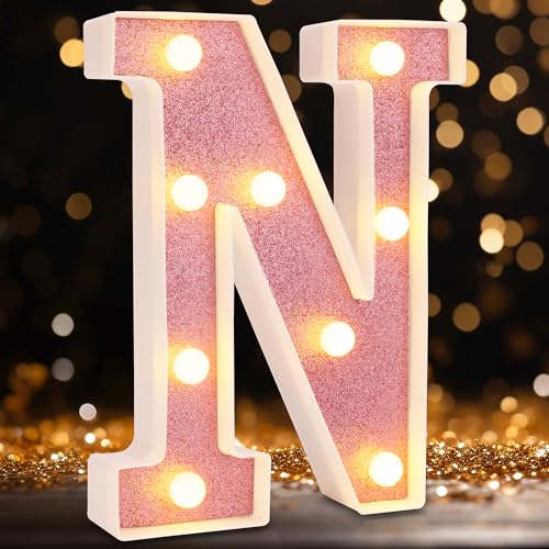 Image of Small Led Marquee Letters, Light Up Letters, 8.58 Inch Led Letter Lights, Battery Powered Lighted Sign for Table, Party, Birthday, Christmas Decor (Pink Glitter, Letter N)