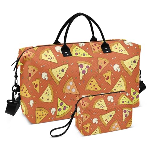 Orange Pizza Mushroom Large Travel Duffle Bag Weekender Overnight Bags Gym Yoga Bag for Women Men with Toiletry Bag