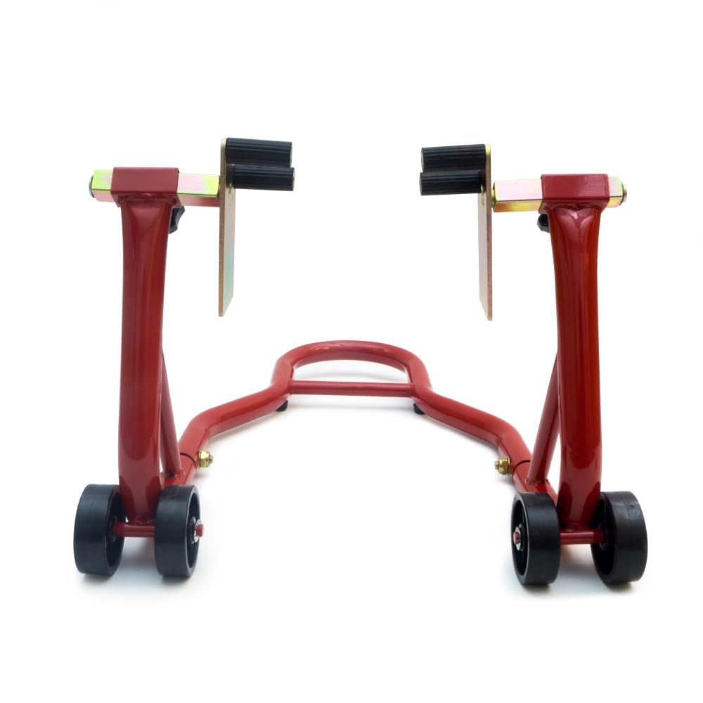 Béquille Avant d’Atelier Moto Universelle - Support Réglable avec roulettes en PVC et Supports Caoutchouc (Rouge)