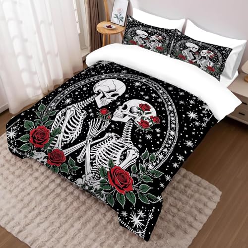 Image of Skull Roses Comforter Set Twin Size Gothic Bedding Set for Kids Adults Women, Skeleton Bones Vintage Flower Rose Quilt Bedroom Decor 1 Comforter 1 Pillowcase
