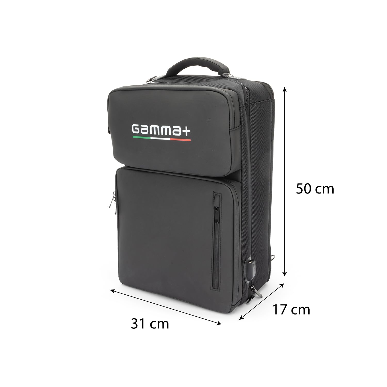 GAMMA+ Sac à Dos de Barbier, Sac à Dos de Barbier Professionnel, Sac de Coiffeur pour Tondeuse, Sèche-Cheveux, Ciseaux, Sac d'Outils de Coiffeur, Port USB, Imperméable, Noir.