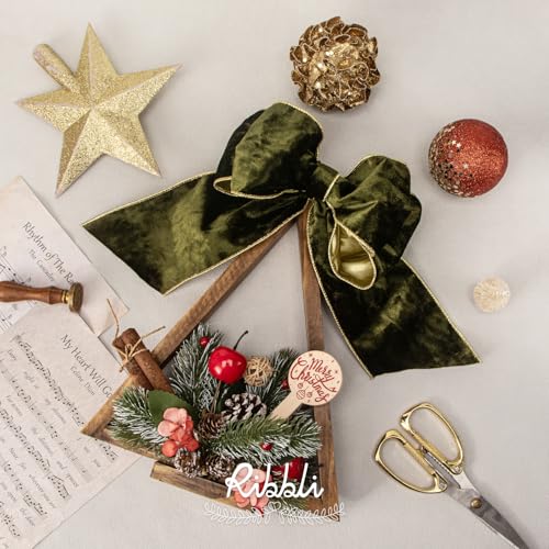 Image of Ribbli Olive Green Velvet Wired Ribbon 4 Inch Metallic Green Gold Crushed Velvet Christmas Ribbon for Gift Wrapping Christmas Tree Decoration Crafts Wreaths Supplies-Continuous 10 Yards