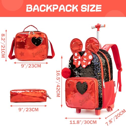 Meetbelify Rolling Backpack for Girls Backpacks with Wheels for Elementary School Students Kids 3 in 1 Travel Luggage Suitcase with Lunch Box Pencil Case for Girls Age 8-102