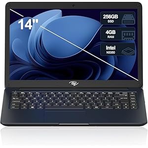 Computadora portátil Itel de 14 pulgadas, Celeron N3350 (doble núcleo), 4 GB de RAM, SSD de 256 GB, diseño ultra delgado, HDMI y USB 3.2, WiFi 2.4G/5G, cámara web, para el hogar