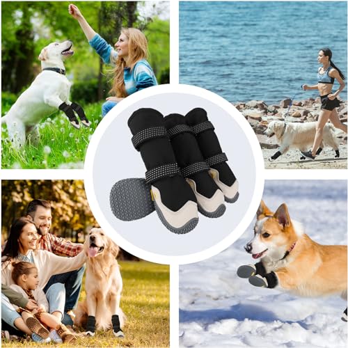 Hundeschuhe,4 Stück Hundeschuhe Pfotenschutz, Kurzer Stil wasserdichte Hundeschuhe Mit Rutschfester Gummisohle und reflektierenden Riemen, Atmungsaktiv Hundestiefel, Dog Shoes (Schwarz&Weiß, 6#)