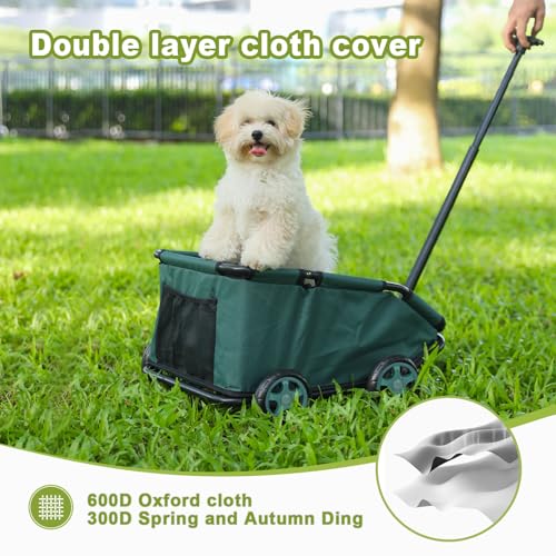 Mini-Hundewagen für Mini-Haustiere, faltbarer multifunktionaler Einkaufswagen mit ausziehbarem Ziehgriff Im Freien, Wagon eingebautem Kissen und Sicherheitsseil mit Aufbewahrungstasche (Dunkelgrün)
