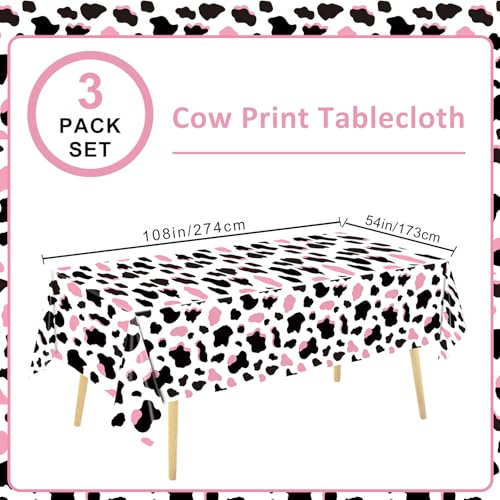 Image of LINHAXM 3 Pack Pink Cow Print Tablecloth - Cow Birthday Party Table Cloth Cow Print Table Cover for Disco Pink Cowgirl Birthday Decorations Supplies, 108 x 54 Inch