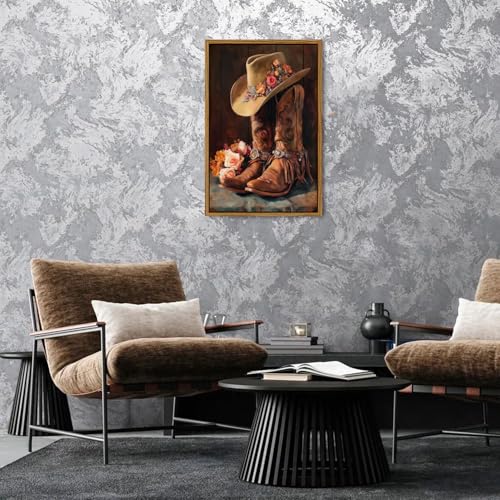 Image of Western Wall Art Framed Cowgirl Boots Canvas Prints Rustic Cowboy Hat and Leather Boots Floral Painting Country Farmhouse Western Decor for Living Room Bedroom Aesthetic Artwork Home Decoration 24x36
