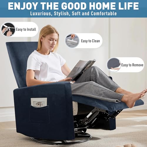 Image of ZNSAYOTX 2026 Velvet Small Recliner Cover 3-Piece, Luxury Plush Recliner Chair Covers with Elastic Band & Ties Stay in Place, Stretch Reclining Slipcover for Lazy Boy Soft Washable (Navy Blue)