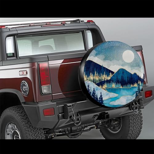 Image of Blue Gold Spare Tire Cover Mountain Tree Star Wheel Cover 14 Inch | Black,Polyester,Protectors Tire Cover,Waterproof,Dust-Proof,Universal,Fit for RV Jeep SUV Motor Travel Camper Tires