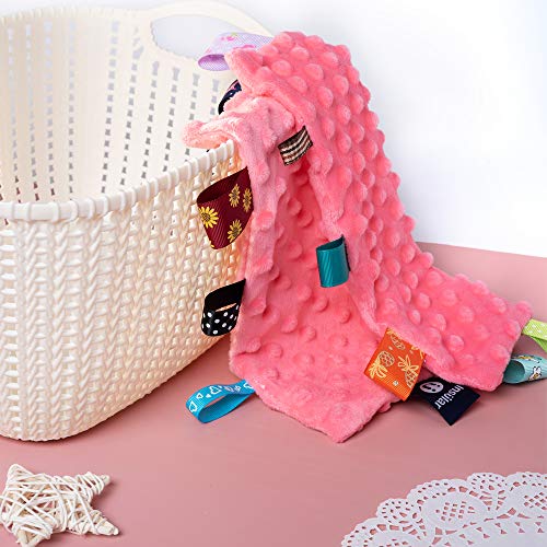 Image of Baby Tags Security Blankets - Baby Soothing Plush Blanket with Colorful Tags, 10 inchx10 inch Square Sensory Toys, Lovey for 3 Months+ Babies Boys and Girls (Pink)