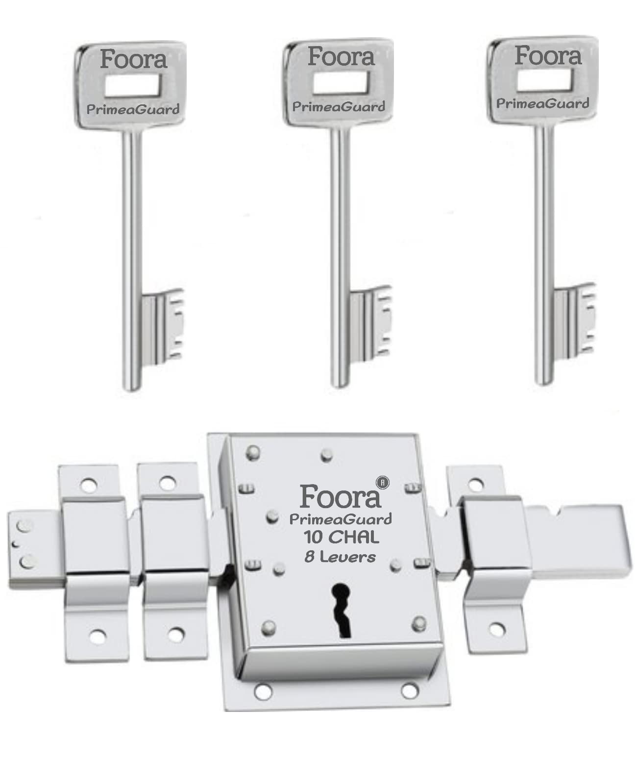 Foora PrimeGuard 10 Chal Main Gate Lock – 8 Lever, Silver Finish, High-Security Double Sided Lock for Main Gates, Doors, Home & Commercial Use, Extra Key Included