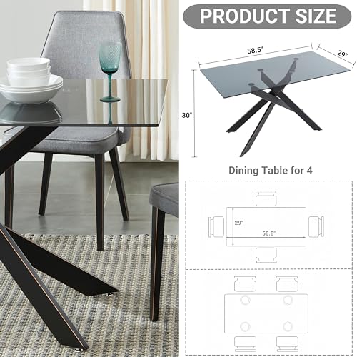 Modern Style Dining Table with Gray Tempered Glass Top and Black Metal Tubular Legs, 58.5”Lx29”Wx30”H - Image 3