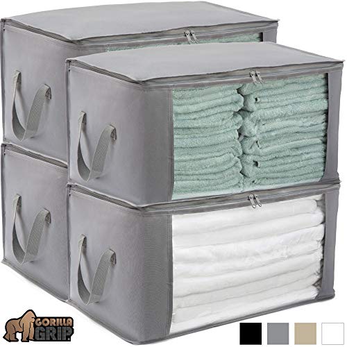 Gorilla Grip Premium Foldable Fabric Storage Bag, 22x13 Inch Bags, Water Resistant, Durable Handles, Zippered Lids, Under Bed Deep Storage Container for Storing Clothes, Blankets, Shoes, 4 Pack Gray