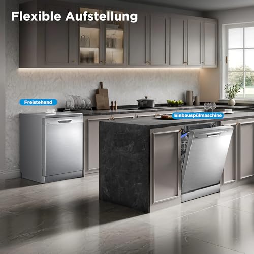 Midea Geschirrspüler 60cm Freistehend, SF 3.60N PRO Spülmaschine mit WLAN, 14 Maßgedecke, Geschirrspüler Unterbaufähig, 5 Programme, Höhenverstellbarer Oberkorb, 47 dB, Inox