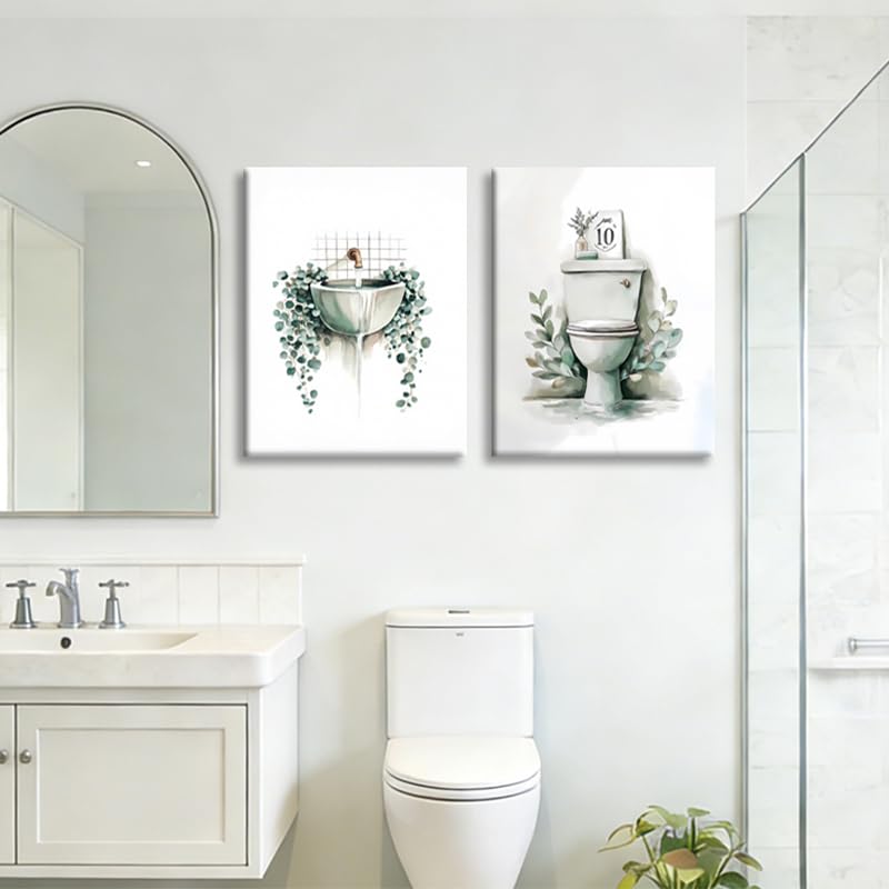 Image of Frimeeme 3 Piece Sage Green Botanical Bathroom Canvas Wall Art & Decor