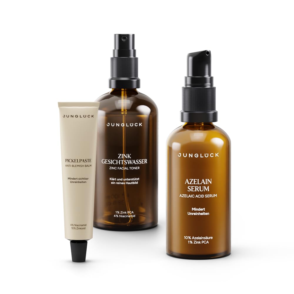 JUNGLÜCK Bye Bye Pickel Trio | Zink Gesichtswasser 100ml + Azelain Serum 50ml + Pickelpaste 10ml – mit Azelainsäure, Zink PCA & Niacinamid