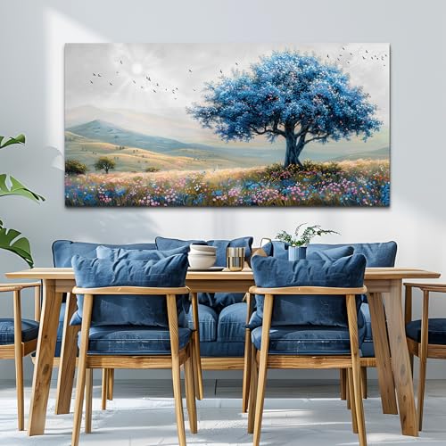KELIYUAN Large Farmhouse Wall Decor For Living Room Frame Wall Art For Bedroom Office Decoration Field Scenery Wall Painting Blue Trees Artwork canva Pictures Modern Aesthetics Home Decor 30x60In