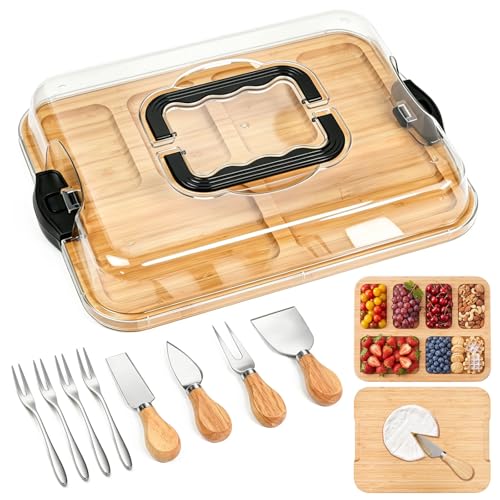 FTISSLY Planche à Fromage en Bambou avec Couvercle Planche de Charcuterie avec Couvercle avec 4 Couteaux + 4 Fourchettes Plateau à Fromage en Bambou pour...