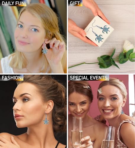 Puzzled Sparkling Green Sea Turtle Earrings - Cute Silver Drop Earrings, Sea Turtle Earrings for Women, Sterling Silver Fish Hook Earrings with Rhinestone Crystals, Elegant Ocean Jewelry Gift3