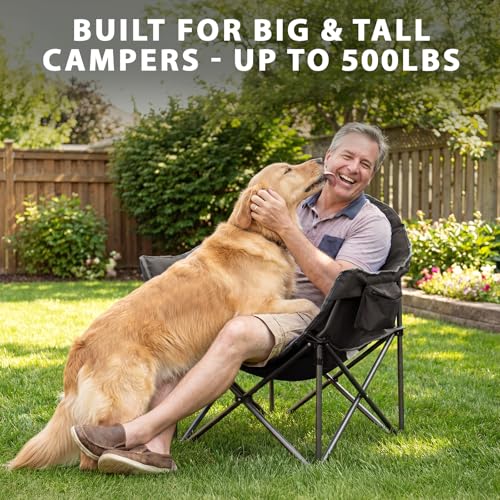 Image of Oversized XXL Padded Camping Chairs for Adults, 1Pcs 500lbs Heavy Duty Support, 500G Ultra-Thick Cushion Sofa-Like Comfort, Folding Lawn Chair with Cooler Bag & Side Pockets, Black