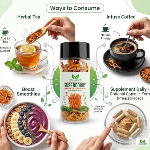 Image of MEGACEPS SUPERCORDY - 100% Raw Cordyceps Militaris Fruiting Bodies | Natural Energy & Stamina Booster | Immunity, Endurance & Vitality Support | No Fillers, Pure Mushroom Superfood - 50g