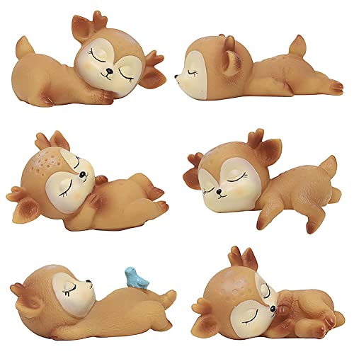 Image of Pack of 6 Lovely Fawn Doe Figurines Playset Toys, Cute Deer Cake Toppers Figure Baby Shower Birthday Wedding Party Decor