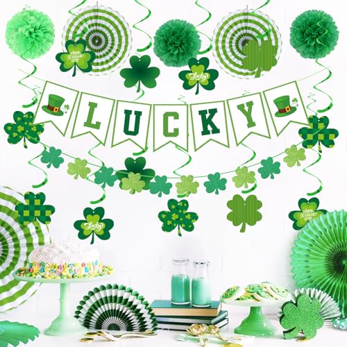 Image of St-Patricks Day Party-Decoration Green-Shamrock Garland - 25pcs Saint St. Patrick's Tissue Paper Pom Poms Fan Streamers Swirl,Irish Lucky Banner, Baby Shower Birthday Hanging Decor Lasting Surprise
