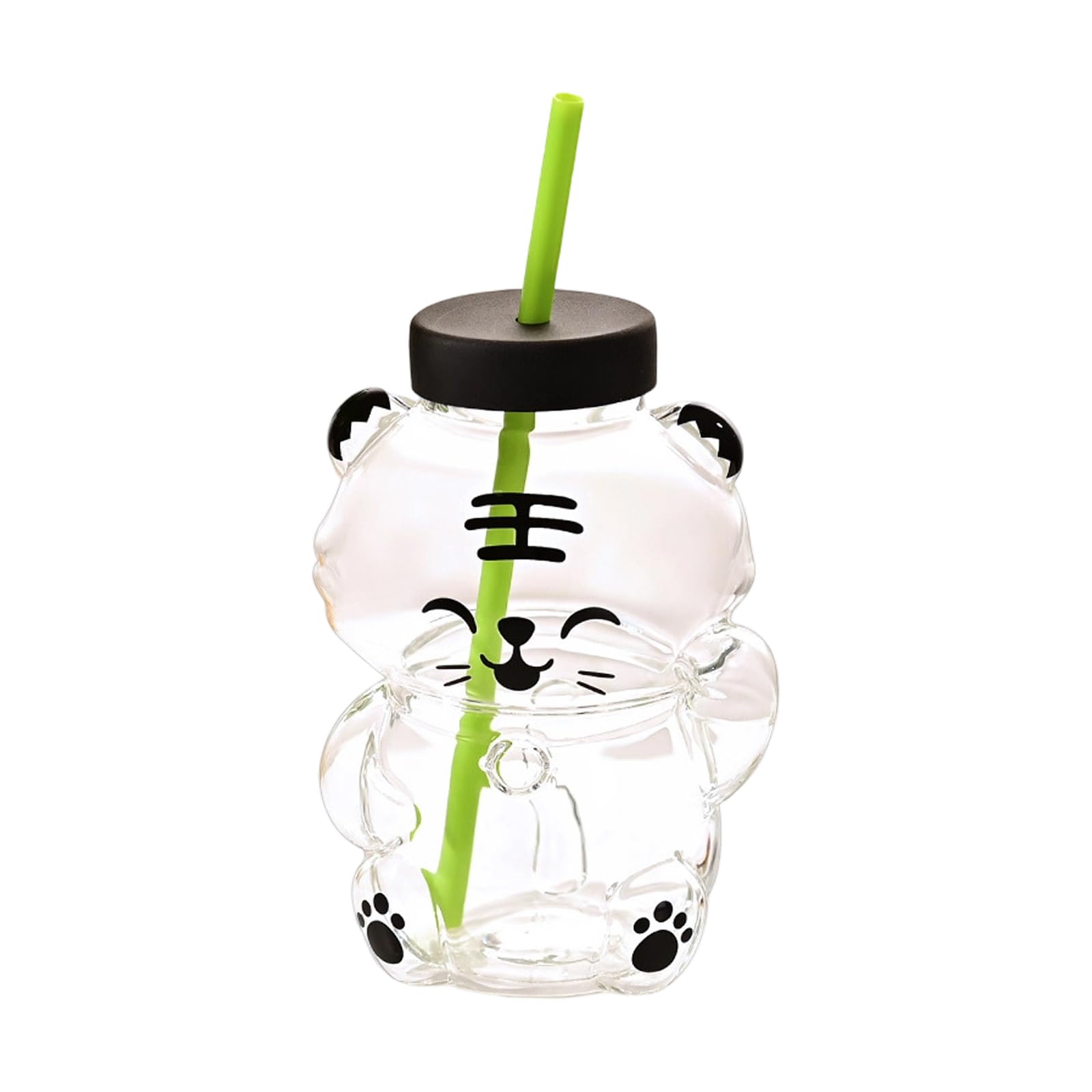 Gobelet en verre avec paille - Portable pour la maison, pour mélanger des boissons, cocktails, café - Design incassable - Joli gobelet en verre en forme d'ours avec couvercle anti-fuite - Robuste et