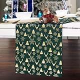 Christmas Table Runner 102 Inches Velvet Luxury Green Gold Reindeer Tree Snowflakes Rectangle Table...