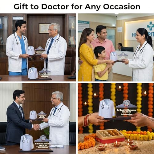 Image of Doctor Coat Pen Stand with LED Name Plate, Clock & Wooden Base | Customized Desk Organizer for Doctors & Medical Aspirants | Apron Shape Pencil Holder with Stylish Name Engraved Plate
