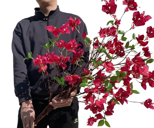 Artificial Bougainvillea Flower Branches Silk Bougainvillea Stems with Dried Tree Twigs Real Touch Faux Greenery Stems for Home Indoor Outdoor Decor Floral Bouquet Arrangements (Fuchsia - Pack of 4)